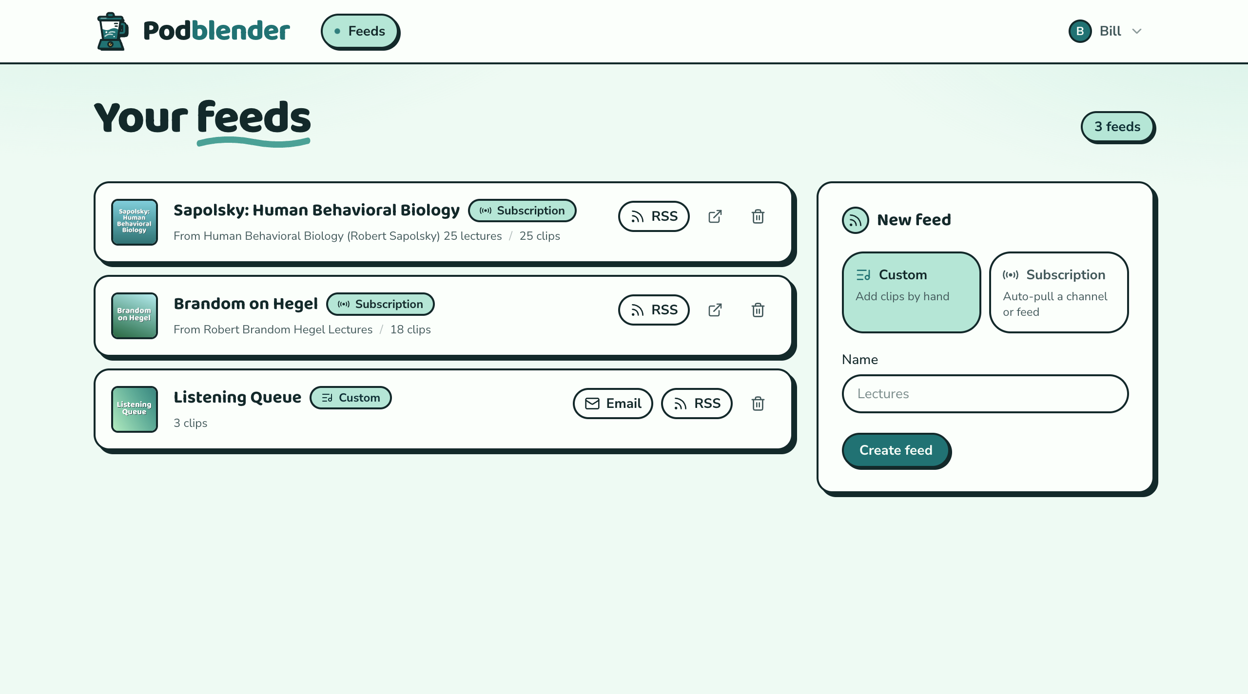 The Podblender dashboard, listing two subscription feeds and a custom feed, each with an RSS button