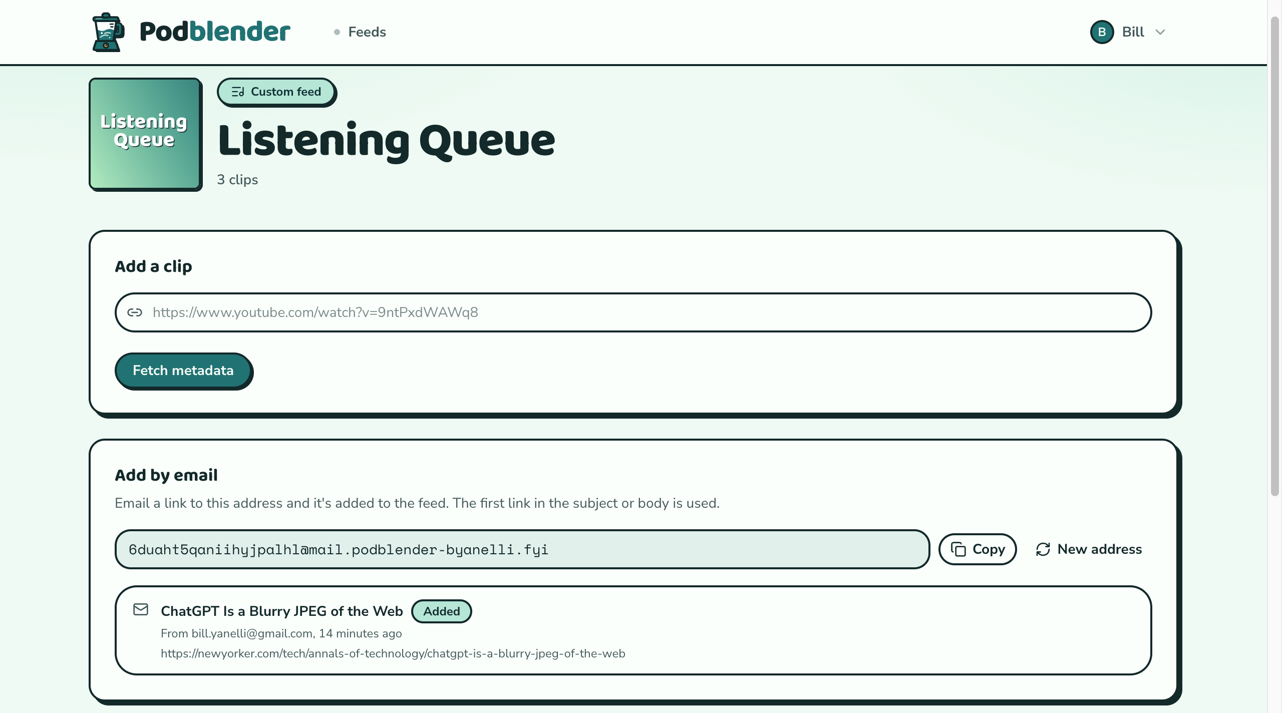 A custom feed's page, with its inbound email address and a link that was just added by email